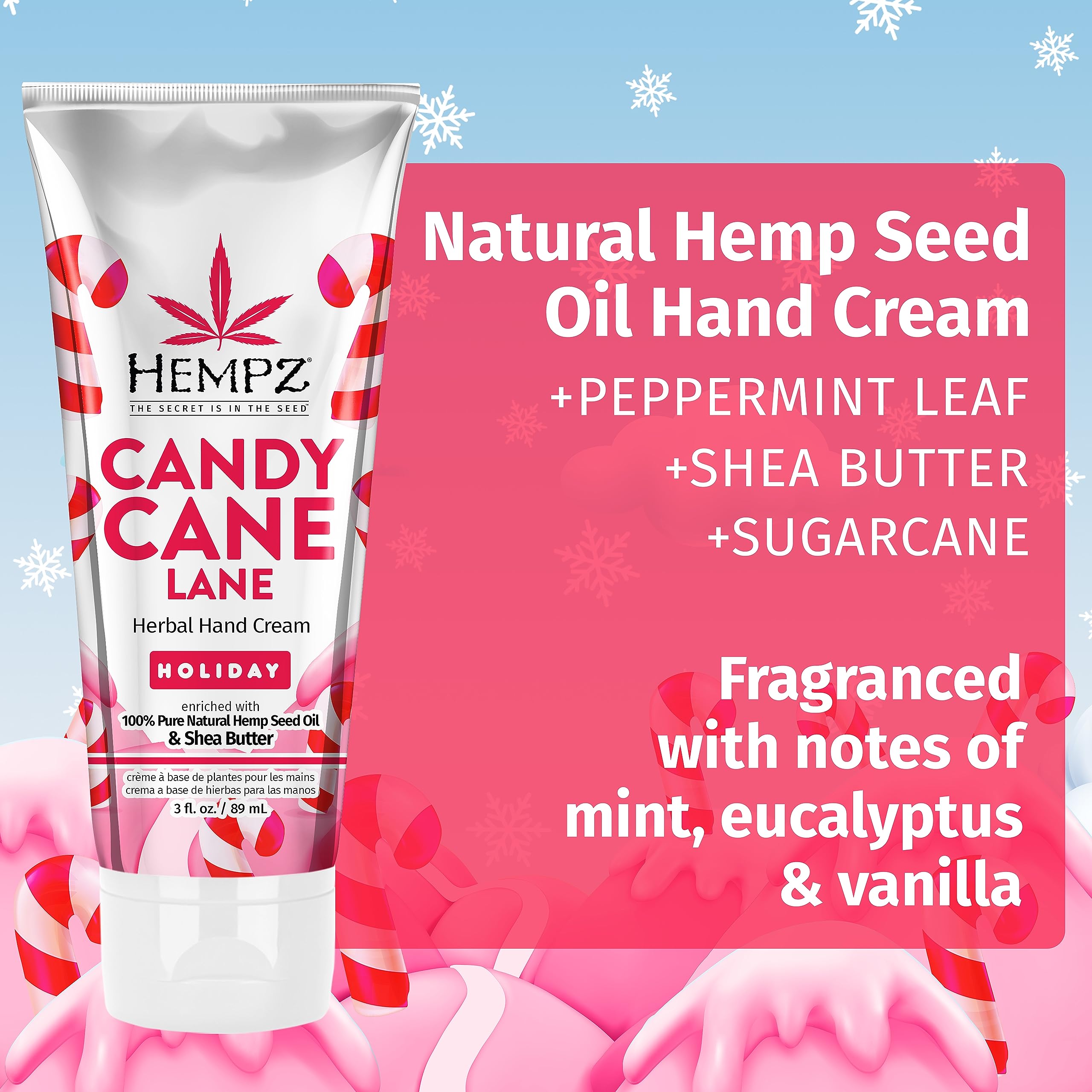 Hempz Candy Cane Lane holiday packaging — festive design ideal for gifting.