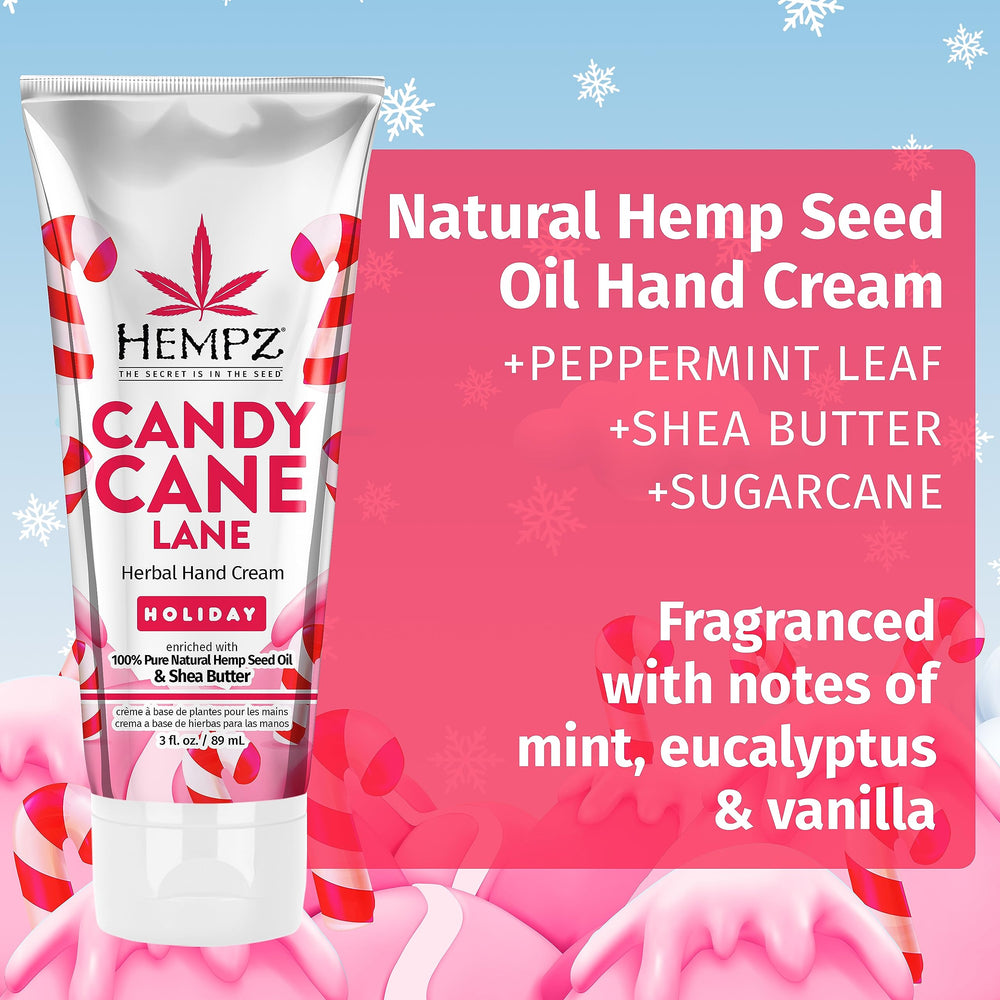 Hempz Candy Cane Lane holiday packaging — festive design ideal for gifting.