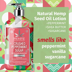 Hempz Crushed Peppermint Sugar Lotion ingredients image features shea butter and hemp seed oil.