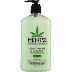 Close-up of Hempz label highlighting green tea and Asian pear scent.