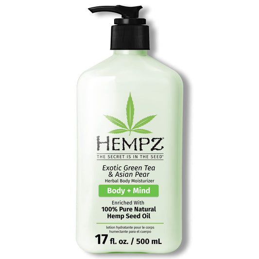 Hempz body lotion bottle with green tea and pear scent for daily use.