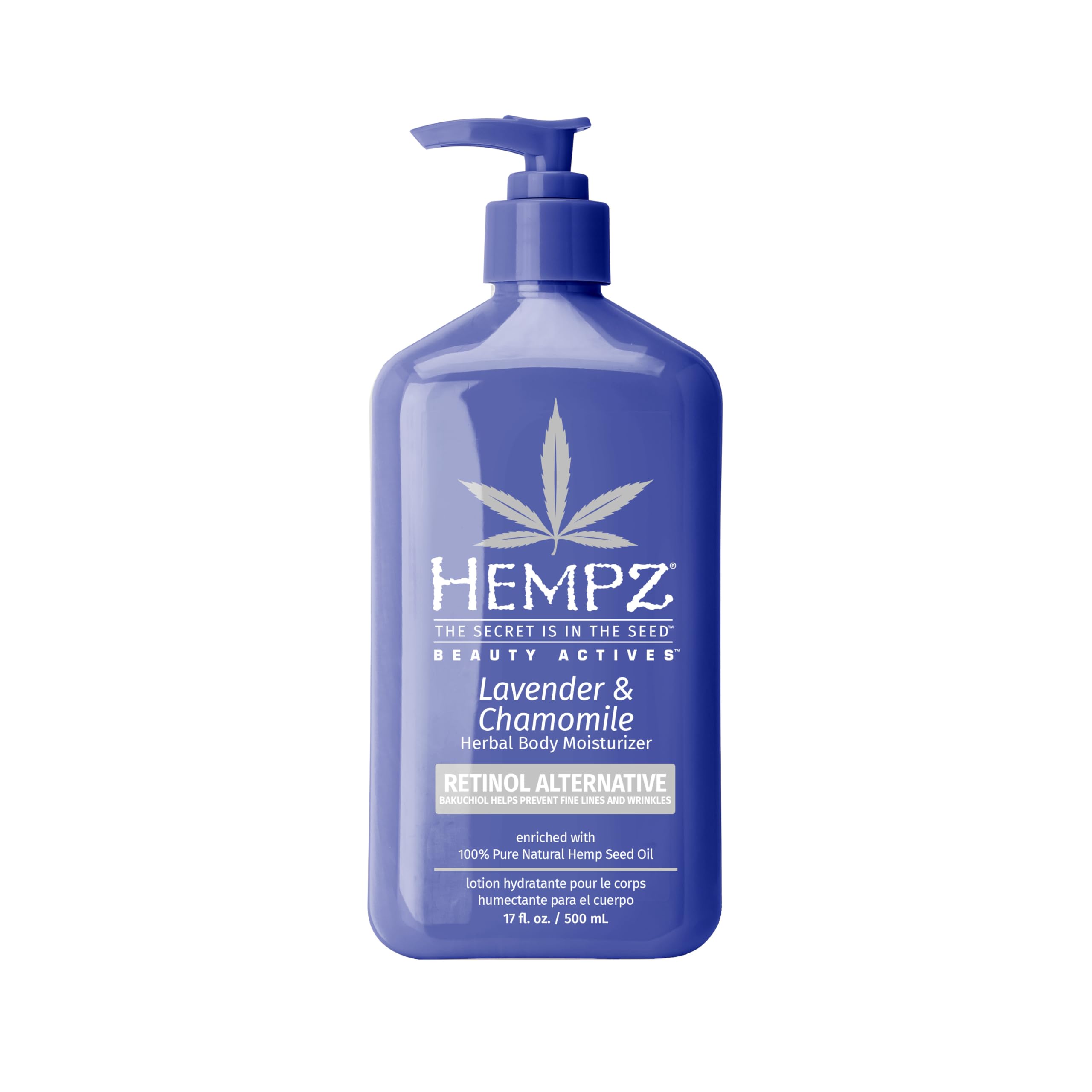 Hempz Lavender Chamomile body lotion bottle showing calming scent for daily moisture