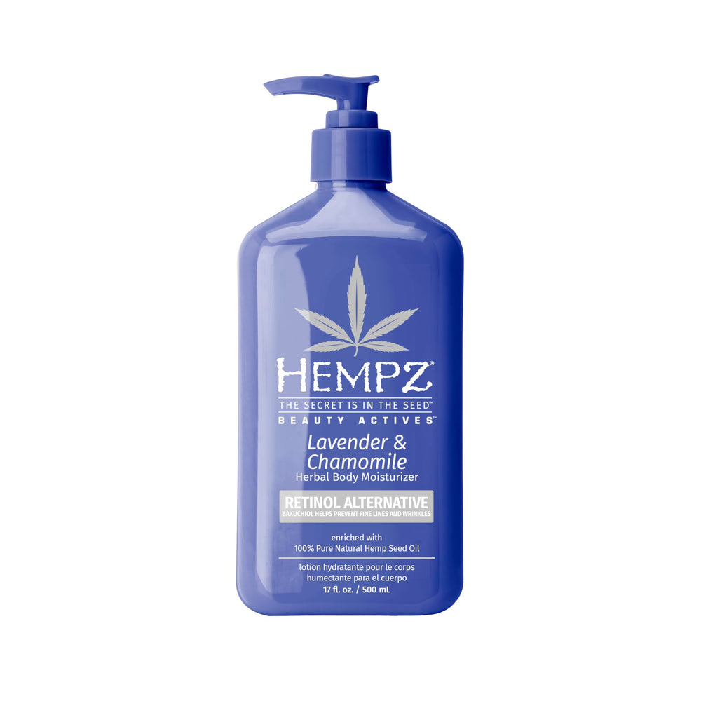 Hempz Lavender Chamomile body lotion bottle showing calming scent for daily moisture