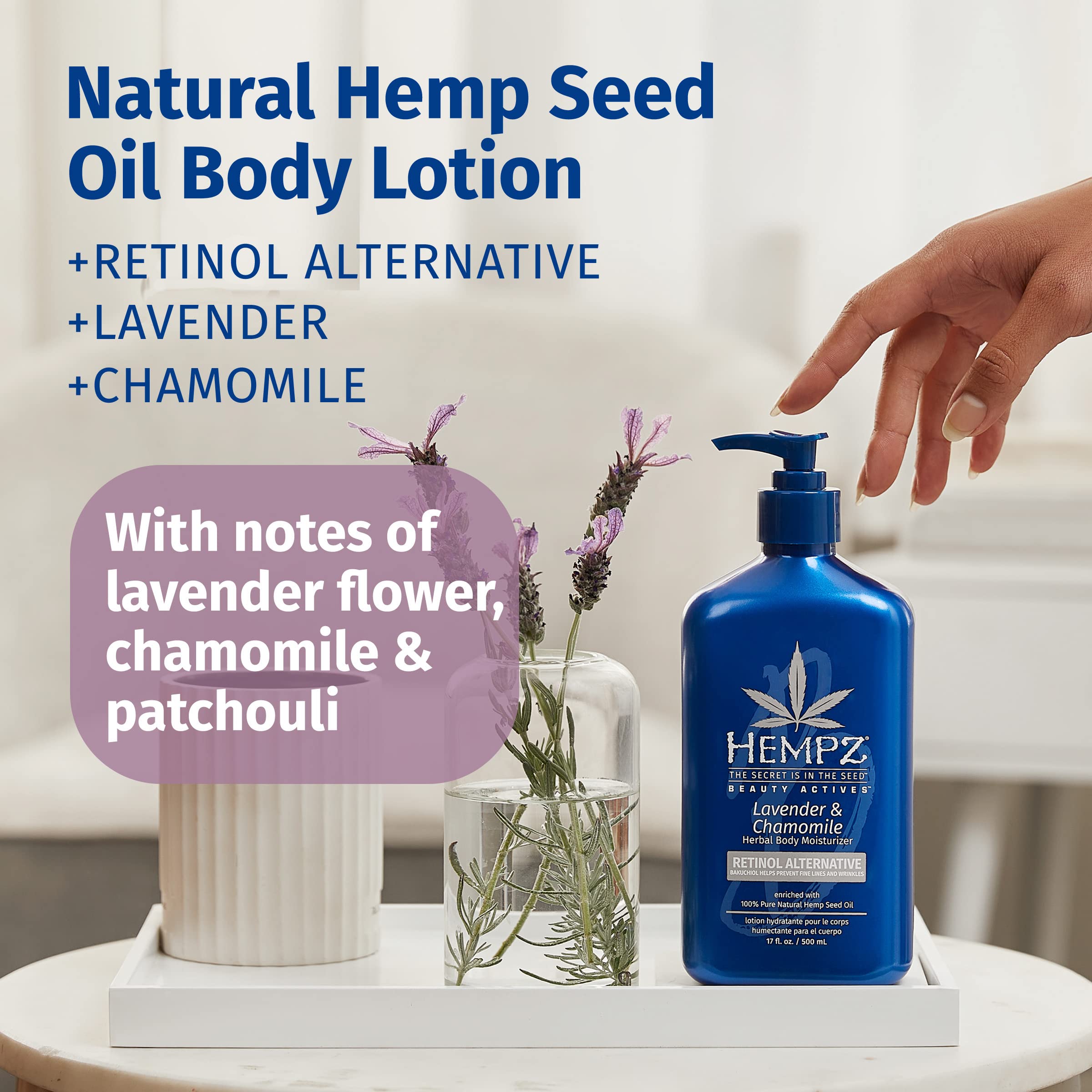 Hempz Lavender Chamomile label closeup highlights vegan, gluten-free formula