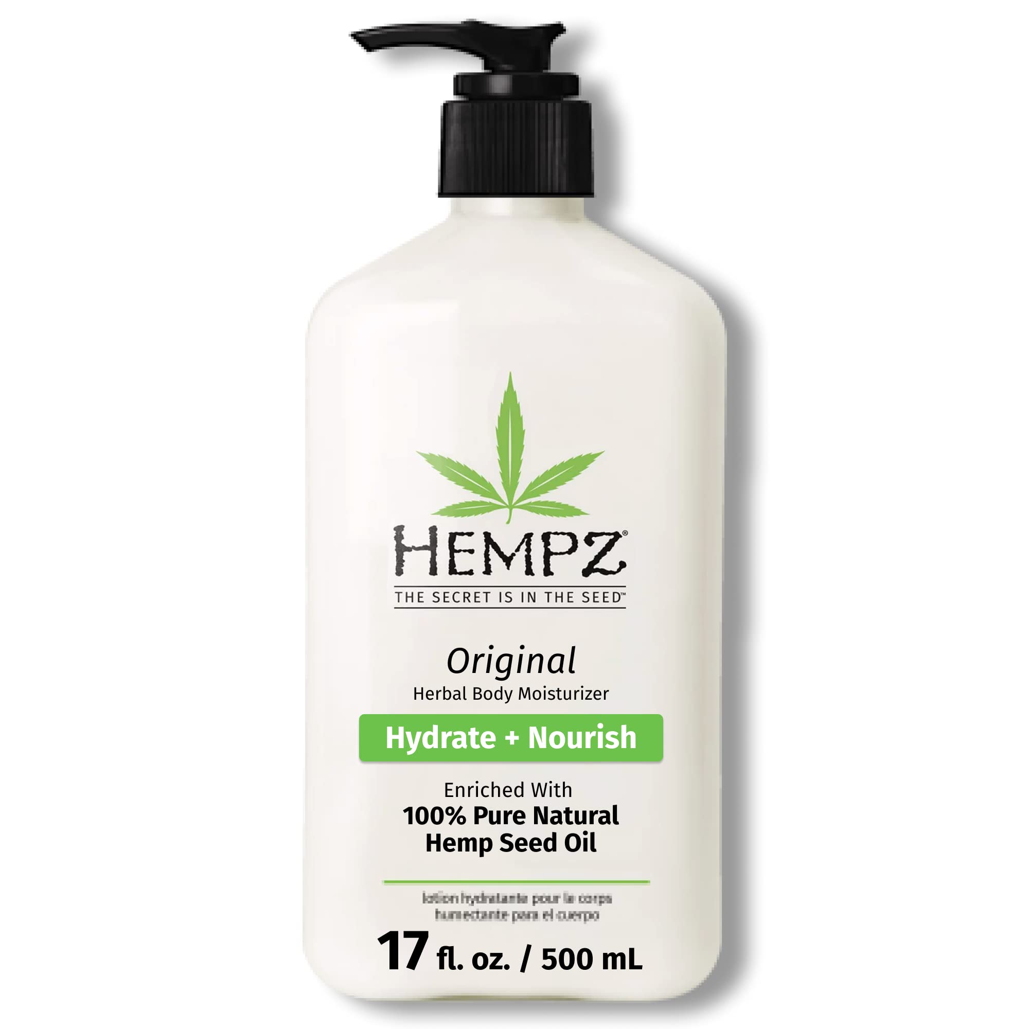 Hempz Original Body Moisturizer 17oz bottle shows hydration for daily skin care.