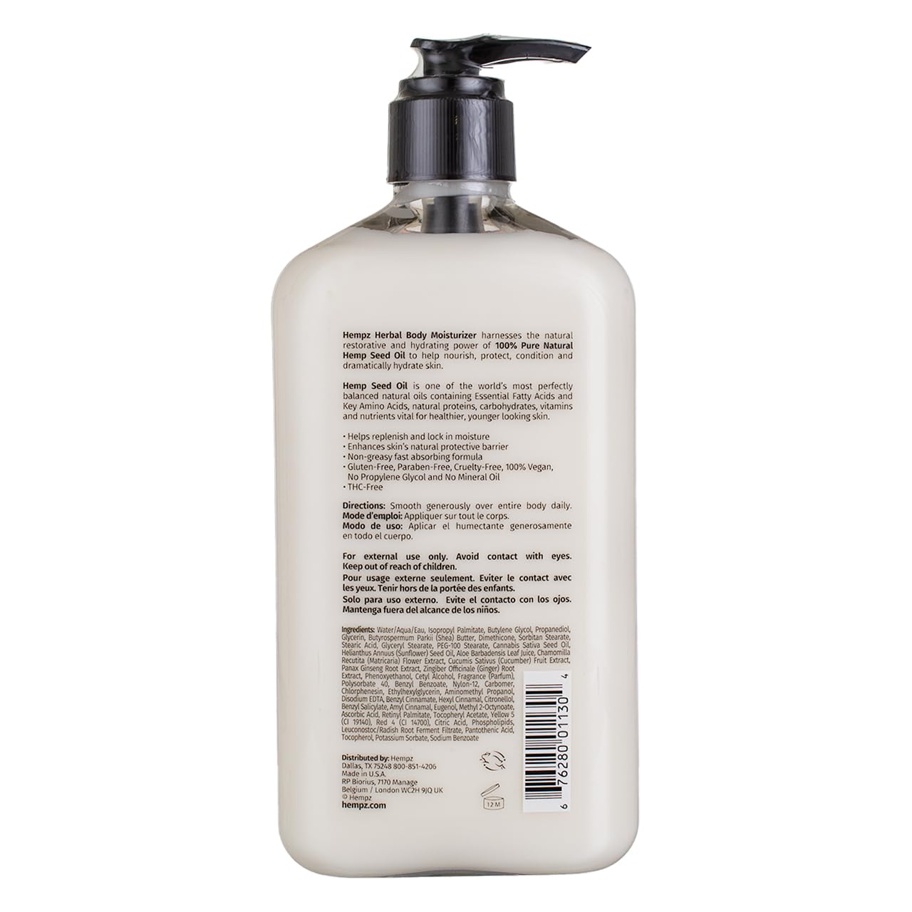 Hempz Original label closeup highlighting vegan formula and paraben-free claim.