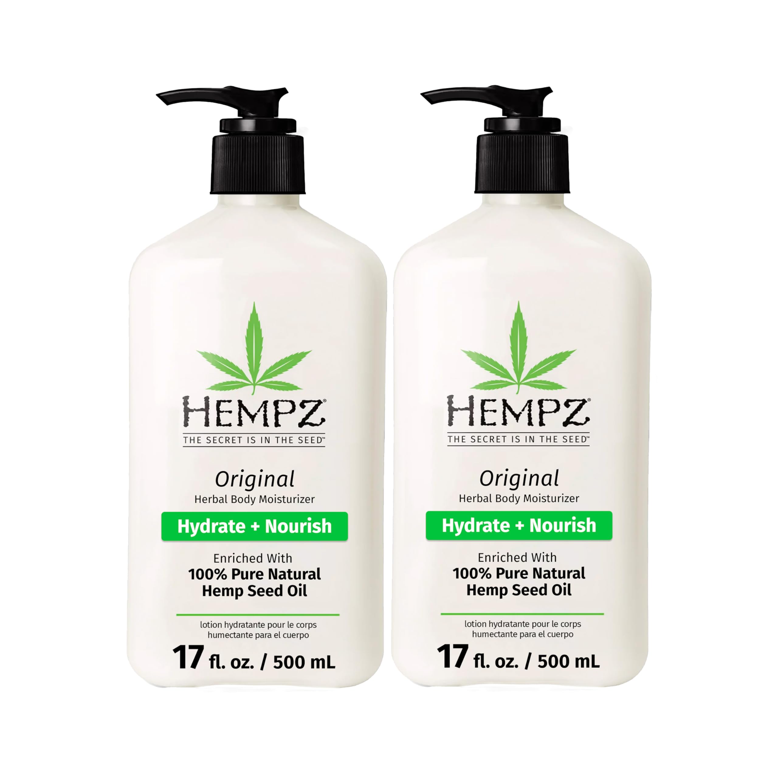 Hempz Original bottle front showcases nourishing hemp seed oil for dry skin relief.