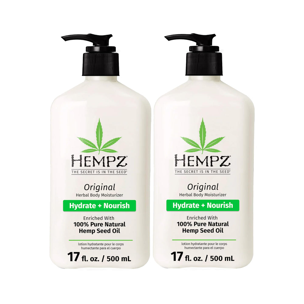 Hempz Original bottle front showcases nourishing hemp seed oil for dry skin relief.