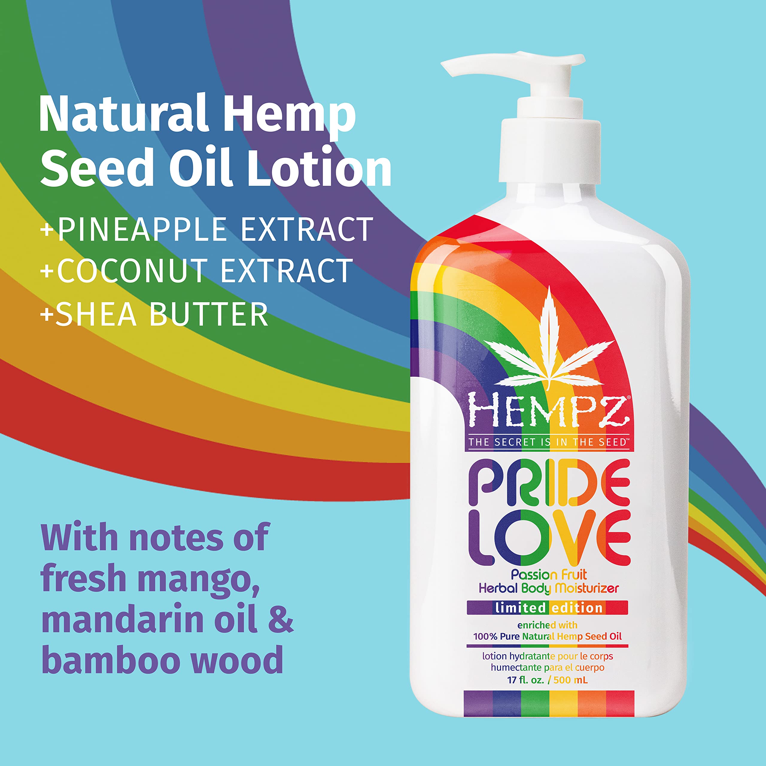 Ingredients panel highlights hemp seed oil and aloe for conditioning.