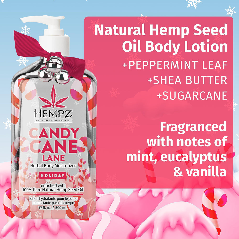 Hempz Peppermint Candy Cane Lotion texture image shows creamy hydration for sensitive skin.