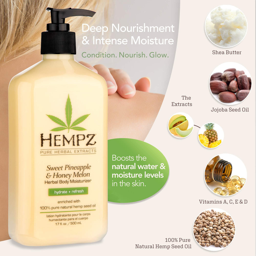 Hempz Sweet Pineapple and Honey Melon bundle pack highlighting value and long-lasting moisture.