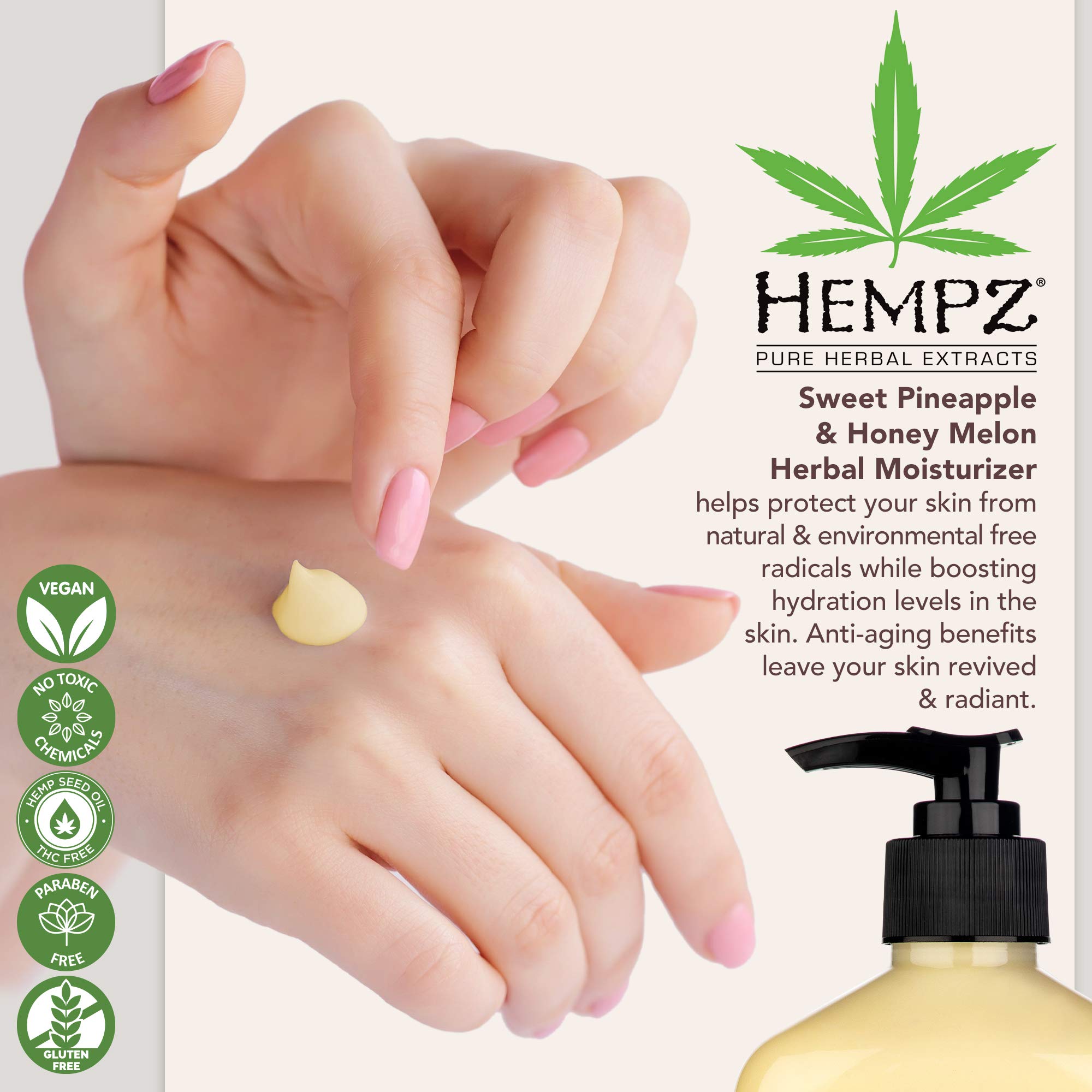 Hempz lotion ingredients image with Pineapple and Honey Melon highlights nourishing botanicals.
