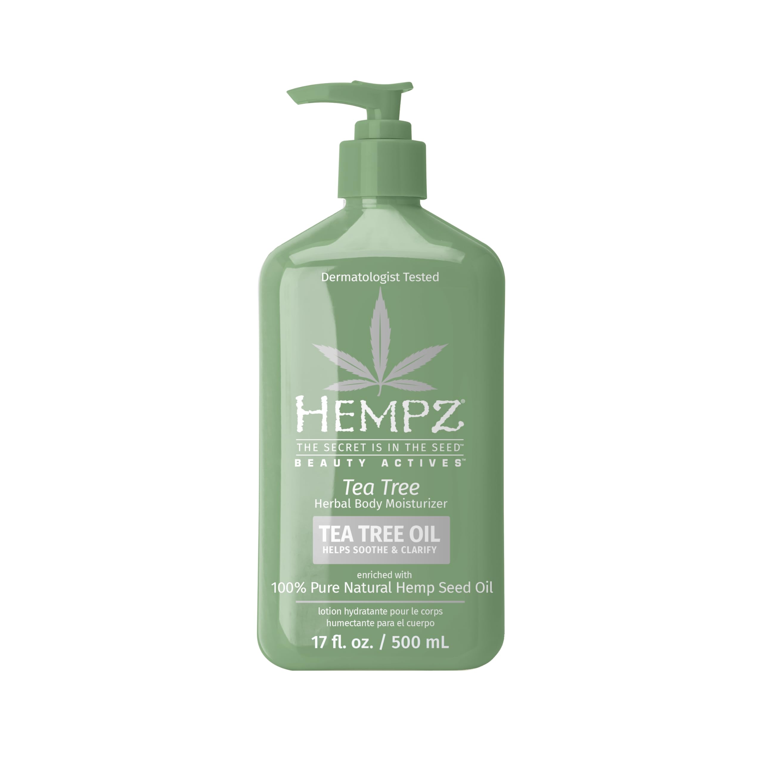 Hempz Tea Tree Herbal Body Moisturizer bottle highlights calming, moisturizing formula for refreshed skin.