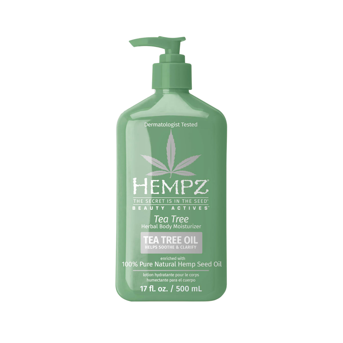 Hempz Tea Tree Herbal Body Moisturizer bottle highlights calming, moisturizing formula for refreshed skin.
