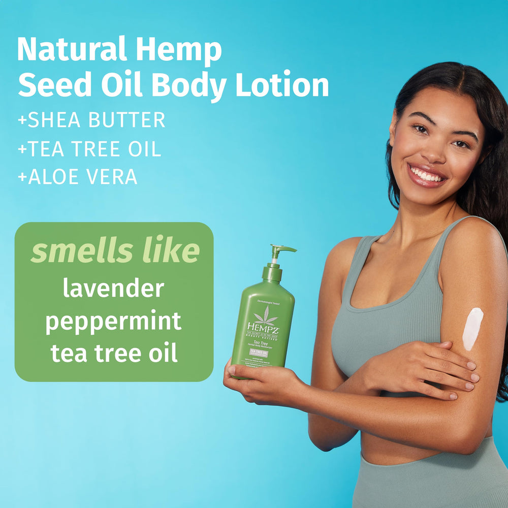Hempz Tea Tree Herbal Body Moisturizer texture closeup reveals silky, lightweight moisturizing.