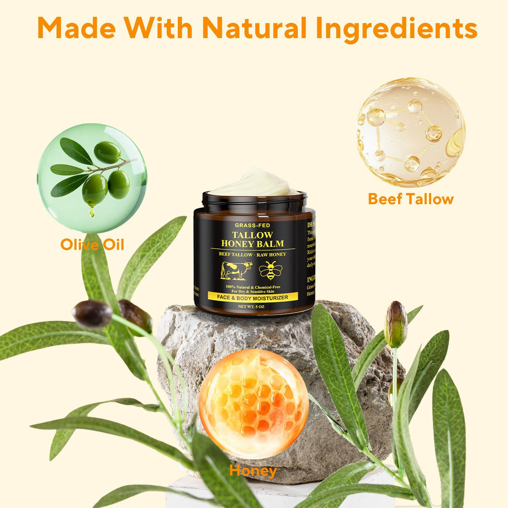 Henjaca honey and olive oil blend image emphasizes nourishing moisture.