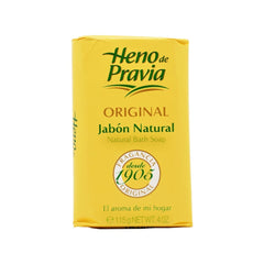 Heno de Pravia original soap bar close-up highlighting delicate scent and moisturizing feel from natural ingredients.