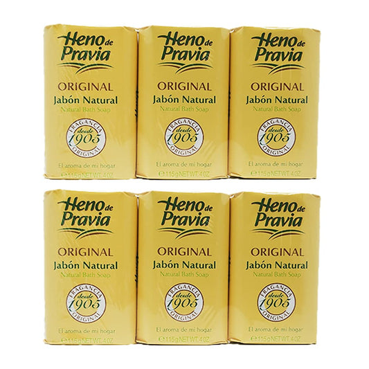 Heno de Pravia original soap pack front view showing six bars for daily cleansing with natural scent.