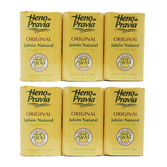 Heno de Pravia original soap pack front view showing six bars for daily cleansing with natural scent.