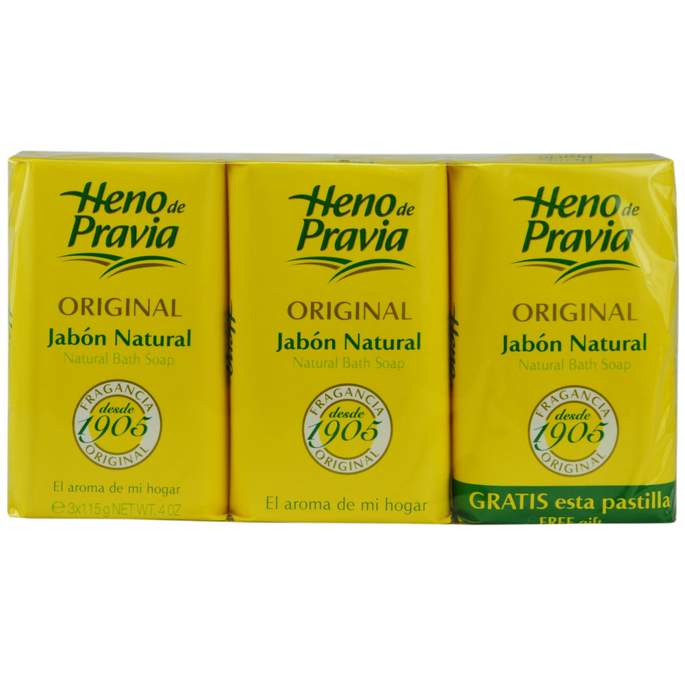 Display of assorted Heno de Pravia soaps suitable for family use.