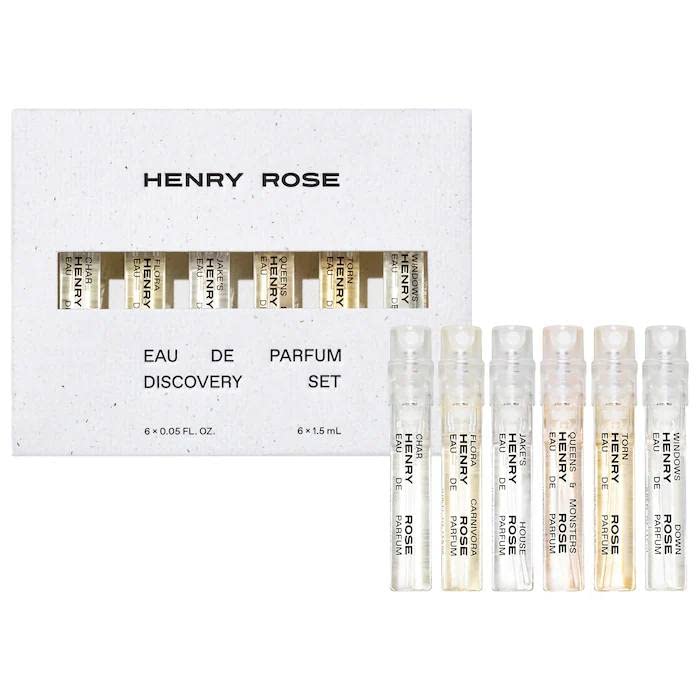 Henry Rose Eau de Parfum Discovery Set bottle and six scents for versatile, genderless options.
