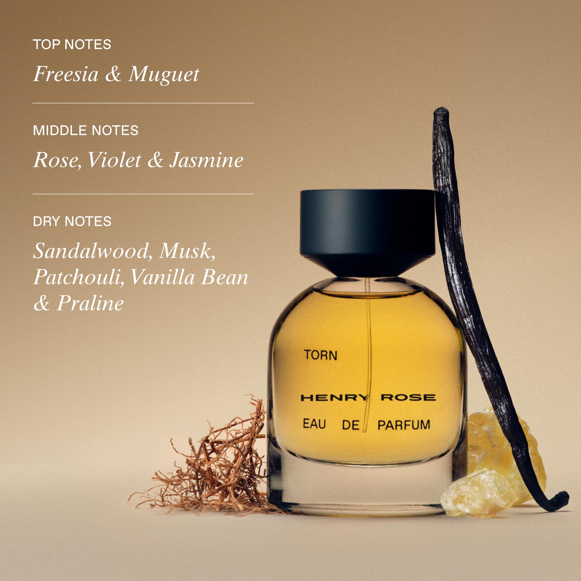 Henry Rose Torn packaging close-up highlighting 90-percent recycled glass.