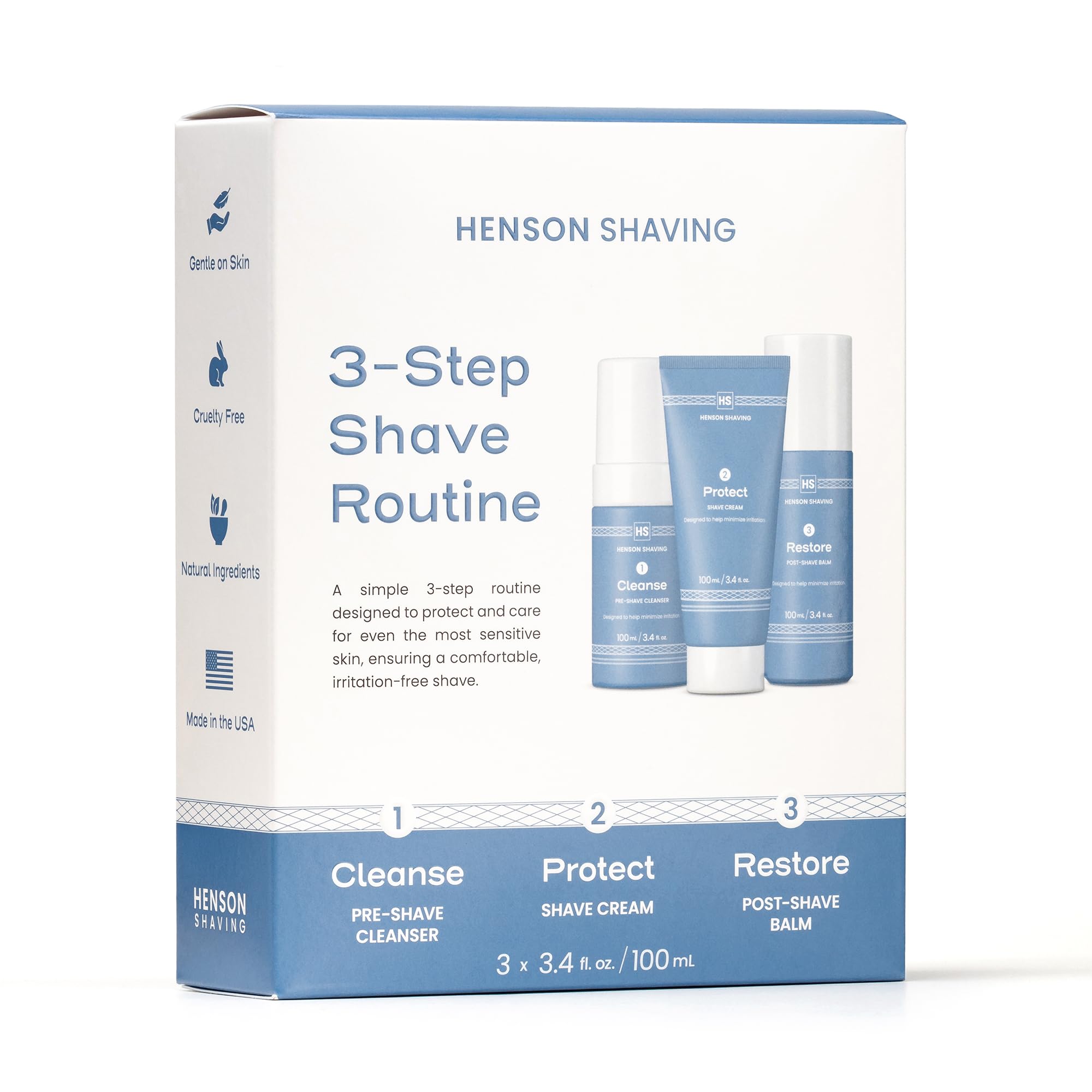 Henson Shaving cleanser bottle preps skin for a smooth, comfortable shave