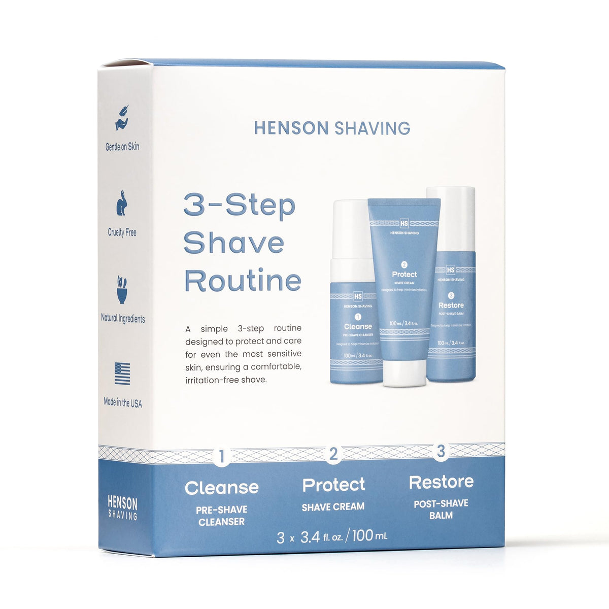 Henson Shaving cleanser bottle preps skin for a smooth, comfortable shave