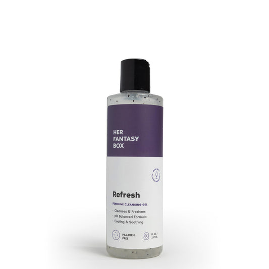 Her Fantasy Box Refresh bottle pour shows a cooling daily cleanse