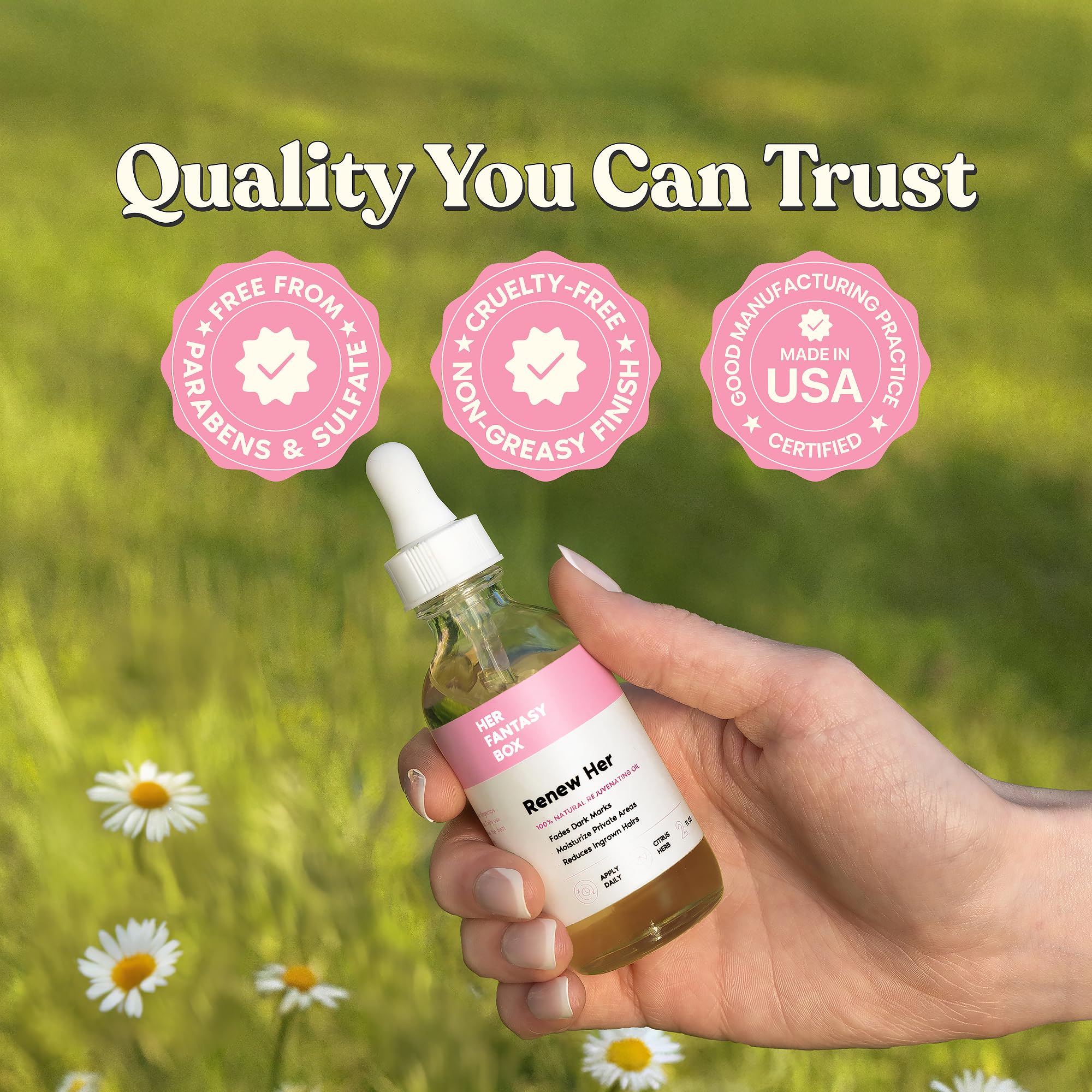 Her Fantasy Box Renew Her oil on leg illustrating all-over hydration for the body