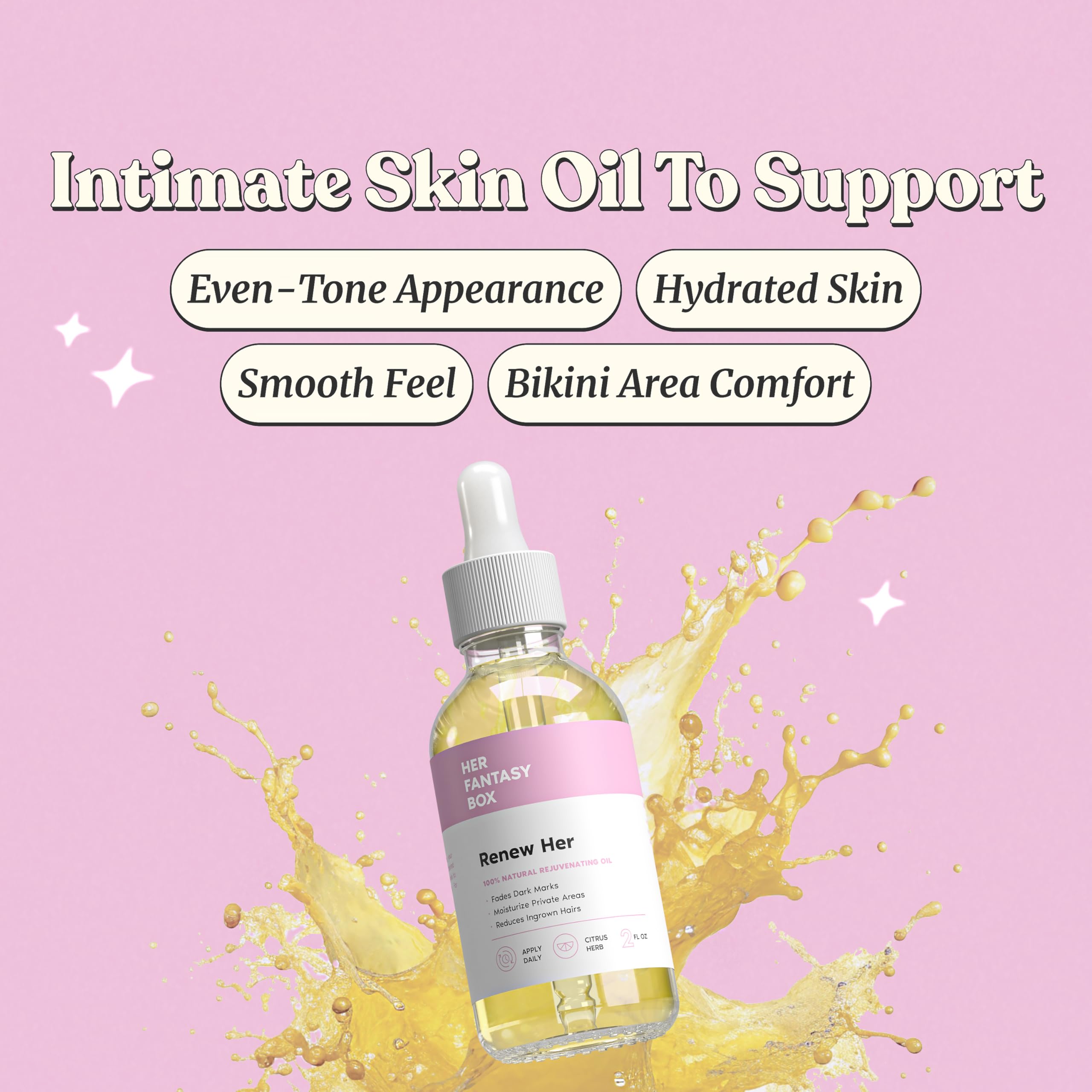 Her Fantasy Box Renew Her oil ingredients close-up highlighting natural botanicals