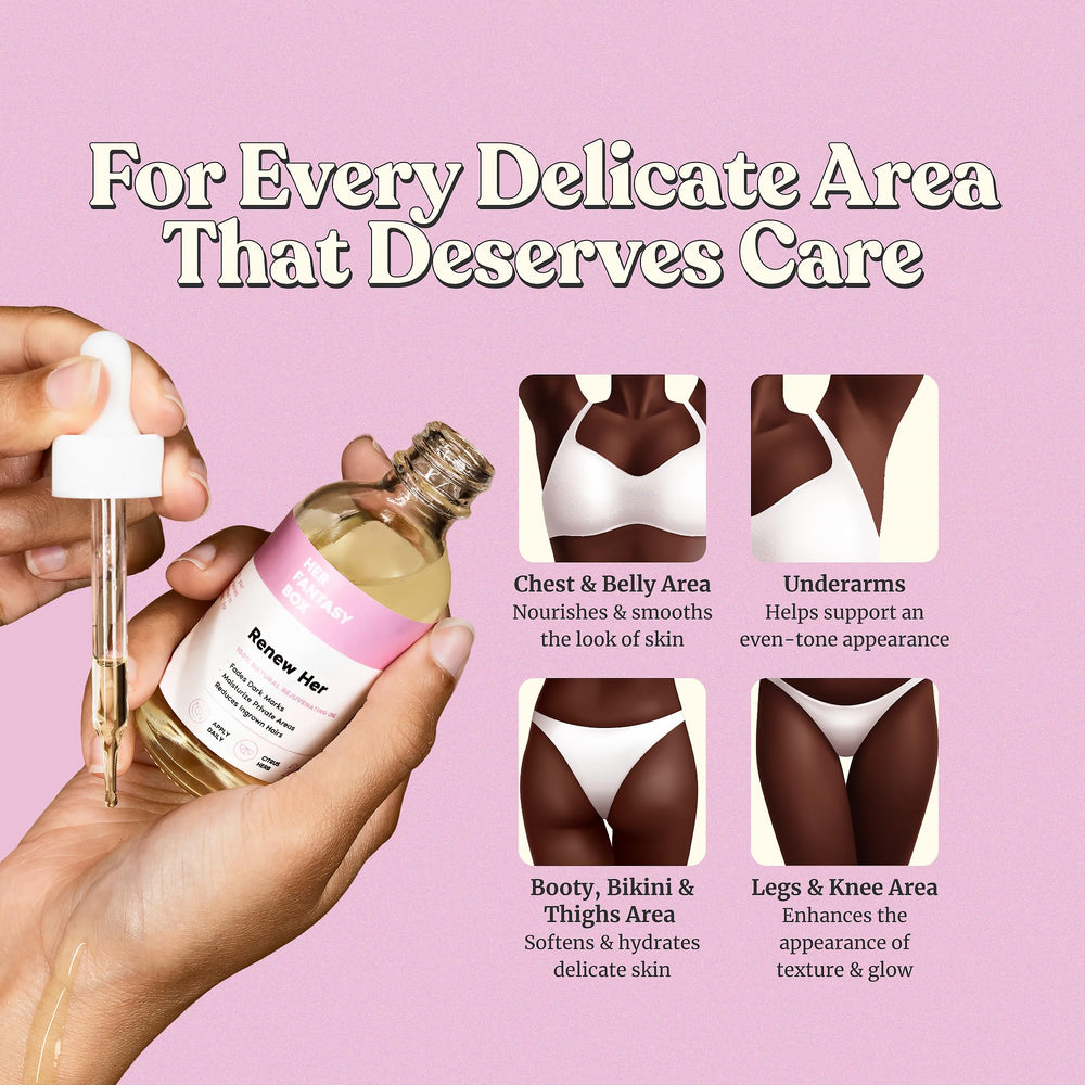 Her Fantasy Box Renew Her oil applied to skin on the arm showing soothing moisture