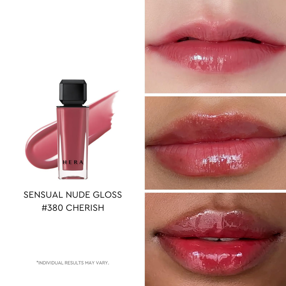 HERA Sensual Nude Lip Gloss swatch on lips shows MLBB shade