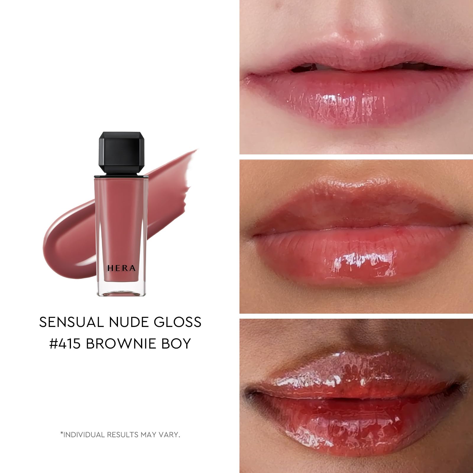HERA Sensual Nude Gloss Brownie Boy swirl on lips for a sheer MLBB finish.
