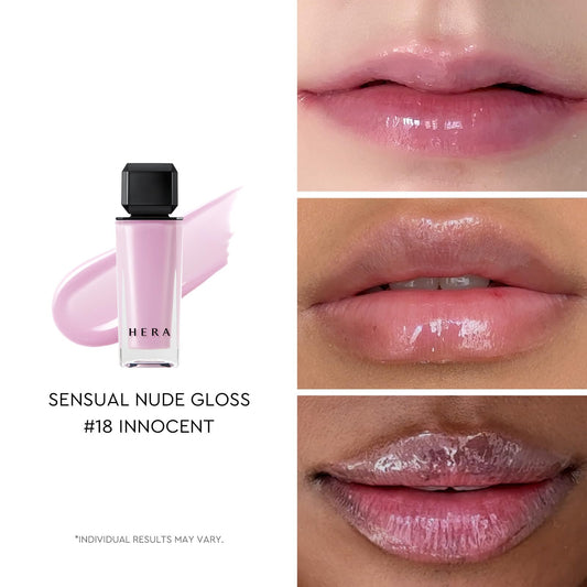 HERA Sensual Nude Lip Gloss Innocent swatches reveal MLBB color with depth.