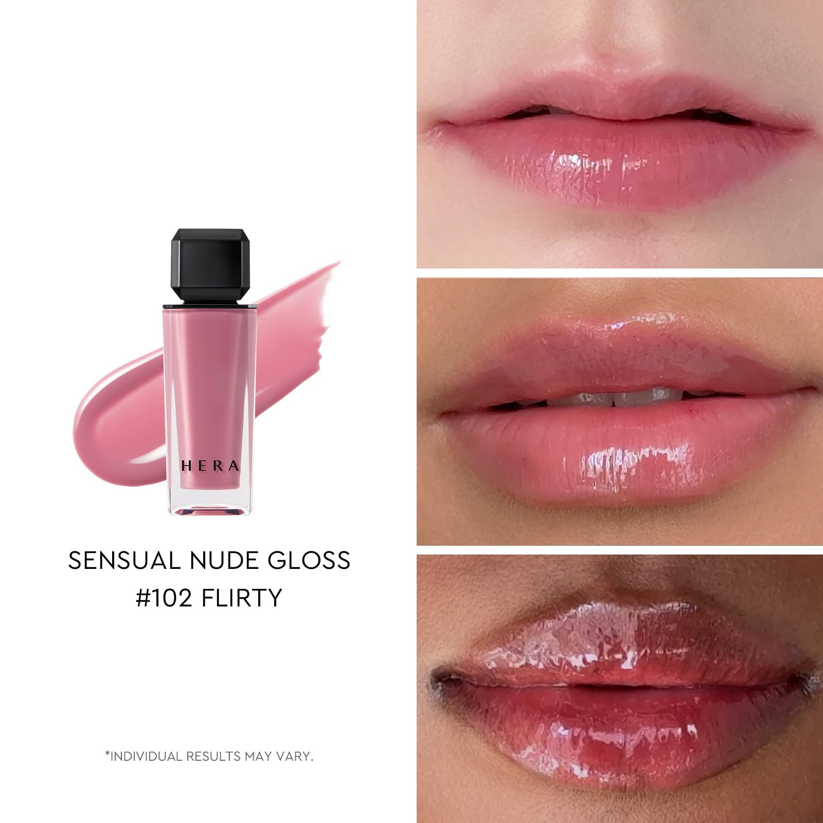 HERA Sensual Nude Gloss texture close-up highlights non-sticky, smooth glide.