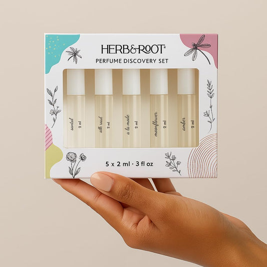 Amber vial from Herb & Root Discovery Set, warm and inviting scent preview.