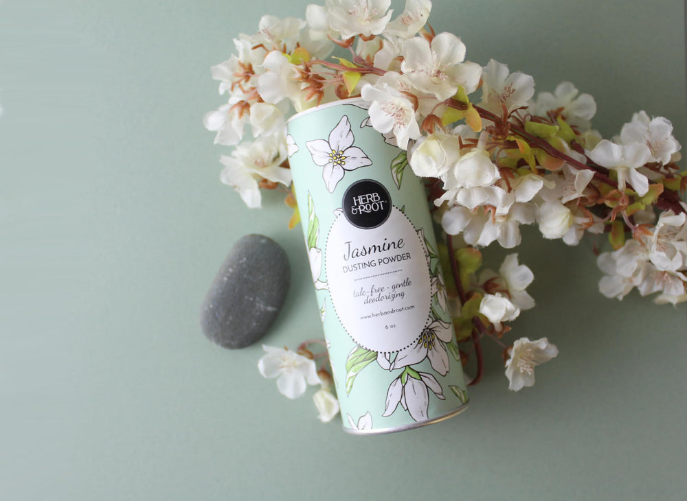 Herb & Root Lavender talc-free body powder bottle for calming aroma and refreshed skin.
