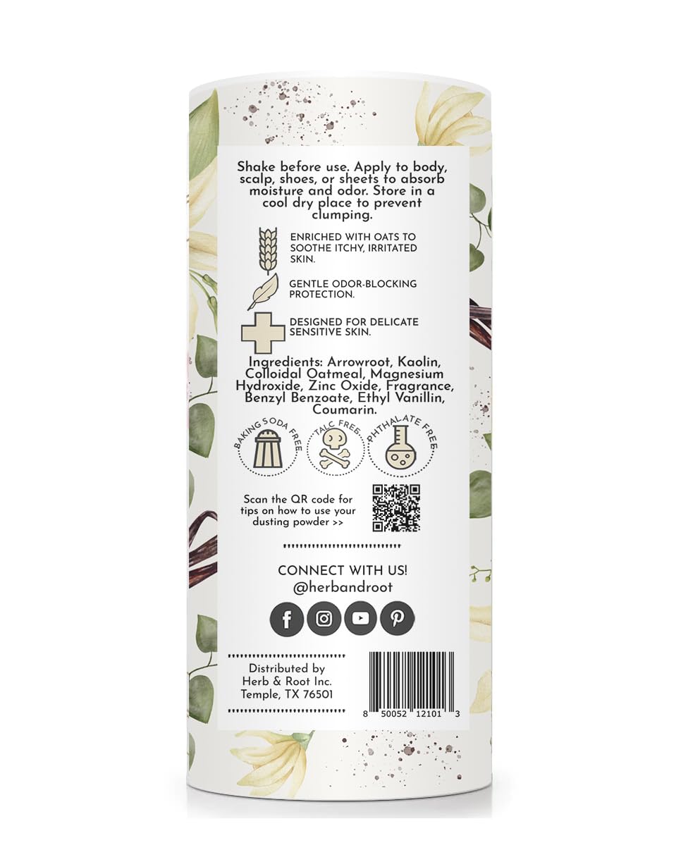 Herb & Root vanilla scented talc-free powder softens and freshens skin.