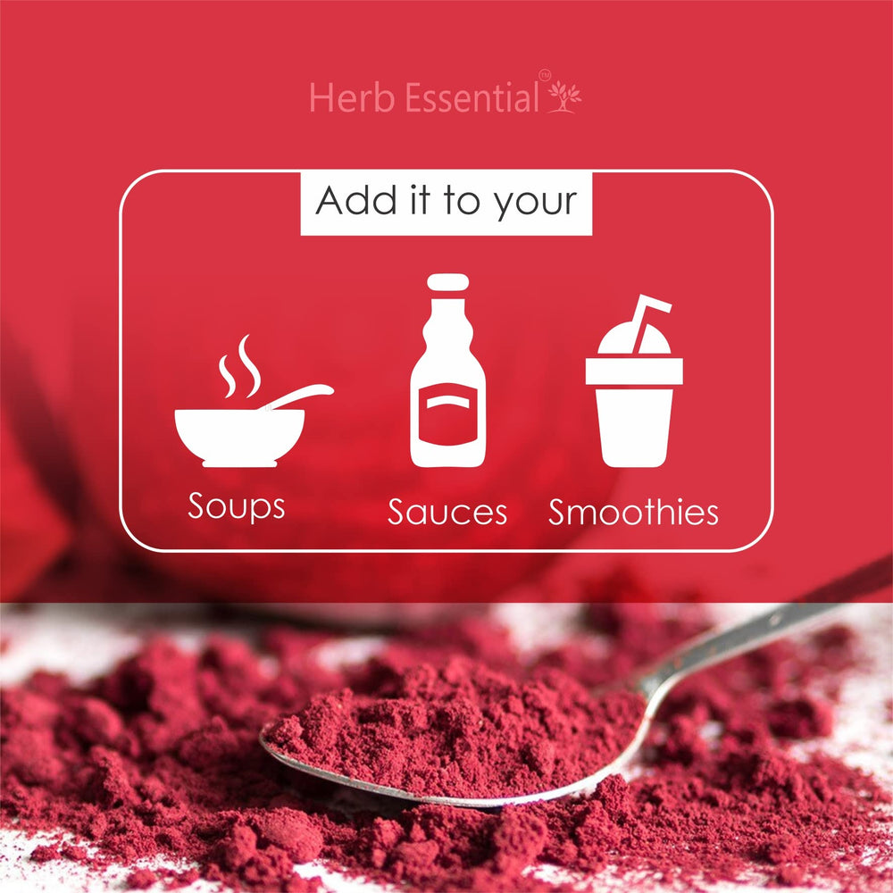 Herb Essential Beetroot Powder dissolving in water shows quick mixability and smooth texture.