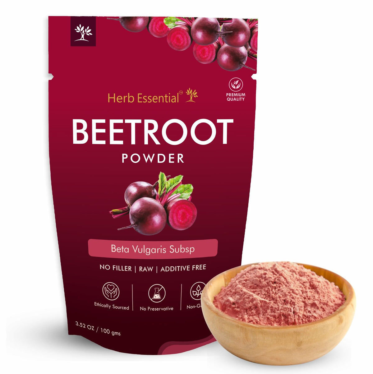 Herb Essential Beetroot Powder packaging highlights a clean, organic source for daily smoothies.