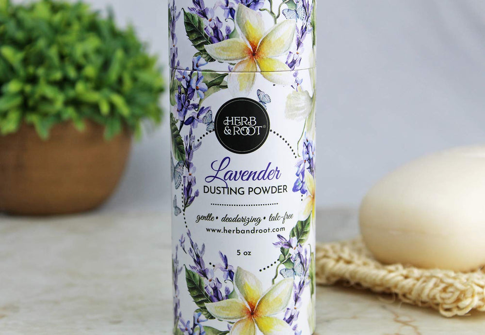 Herb & Root Jasmine talc-free powder container; lightweight, gentle fragrance for daily wear.