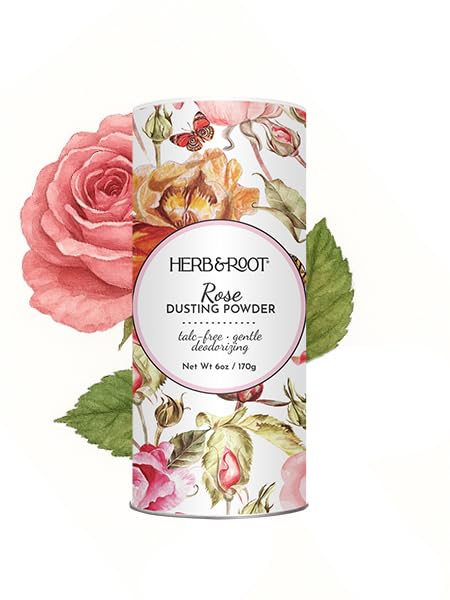 Herb & Root Rose talc-free powder bottle for daily freshness.