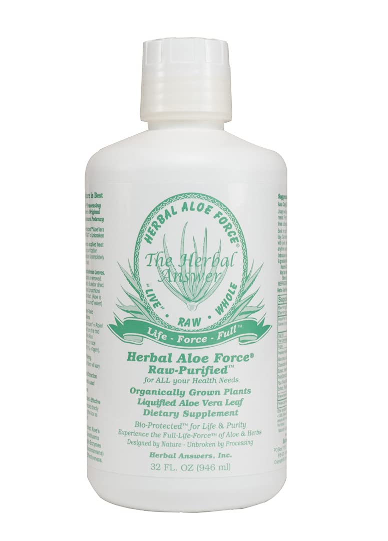 32 oz Herbal Aloe Force bottle on kitchen counter, gluten-free supplement.