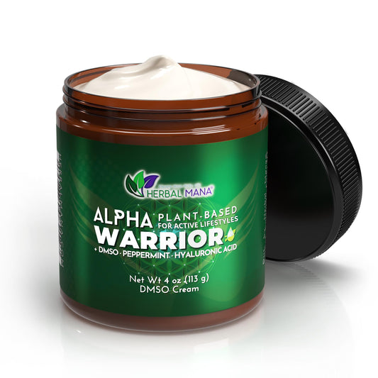 Herbal Mana Alpha Warrior cream packaging shows a compact tub for fast absorption.