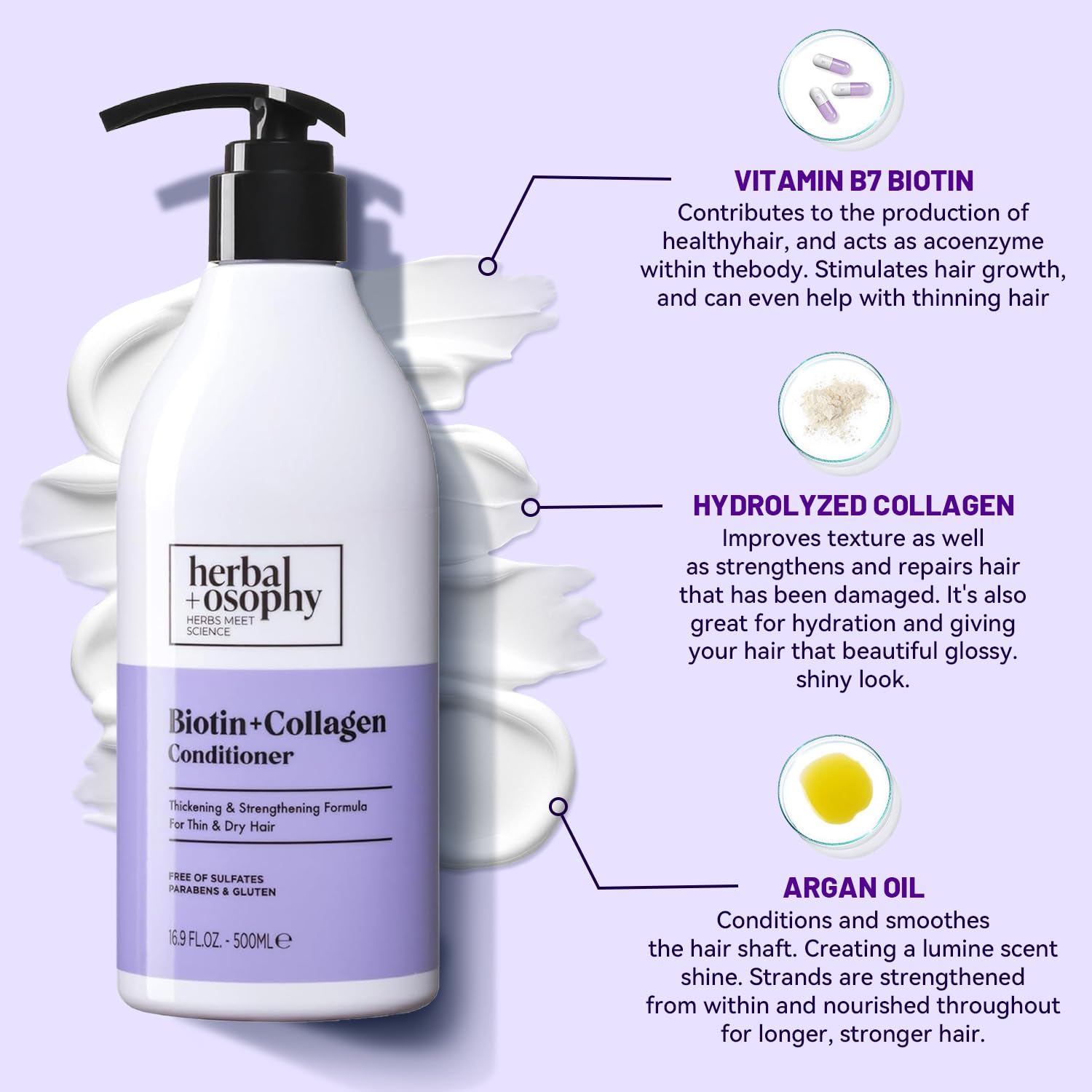 Herbalosophy Biotin & Collagen Conditioner bottle nourishes brittle or dry hair.