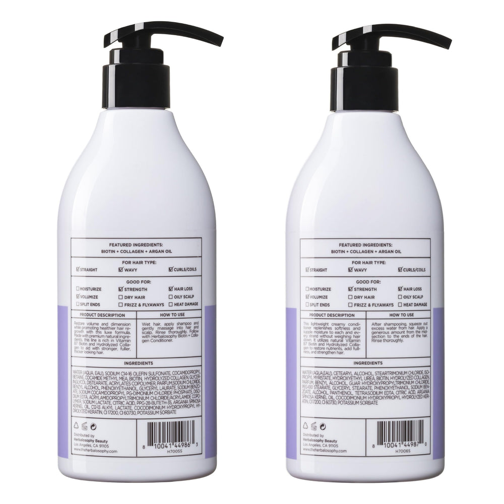 Herbalosophy Biotin & Collagen routine on a bathroom shelf suggests premium at-home care.