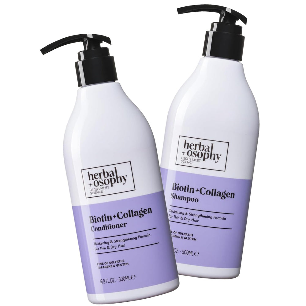 Herbalosophy Biotin & Collagen Shampoo bottle for gentle cleansing and stronger-looking hair.