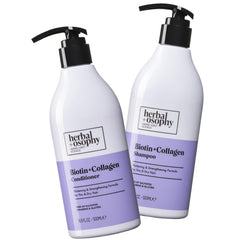 Herbalosophy Biotin & Collagen Shampoo bottle for gentle cleansing and stronger-looking hair.