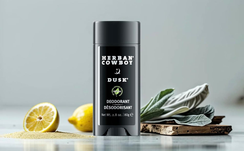 Herban Cowboy Cedar-Mandarin-Black-Pepper scent deodorant provides daily freshness.